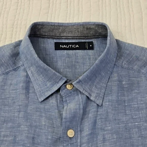 Nautica Linen Blend Short Sleeve Shirt Men's M Blue Button Up EUC LN Resortwear - Picture 5 of 12